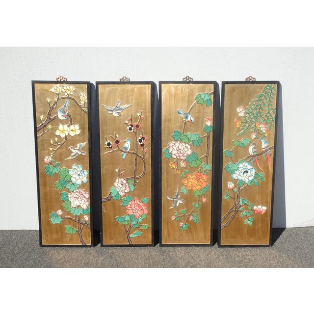 Vintage 1940s Oriental Asian Coromandel Chinoiserie Gold Four Panel Screen with Floral Bird For Sale - Image 13 of 13