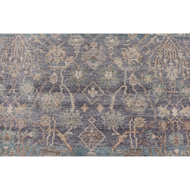 Reproduction Sultanabad Rug With Distressed Blue, Gray, and Beige Tones 8 X 10 For Sale In Atlanta - Image 6 of 12