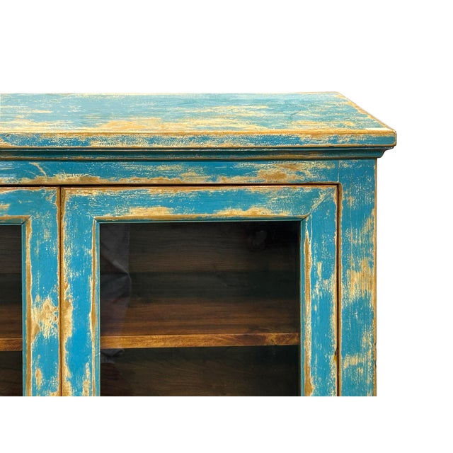 Turquoise Shabby Chic Turquoise Blue Half-Glass Doors Medium Size Cabinet For Sale - Image 8 of 15