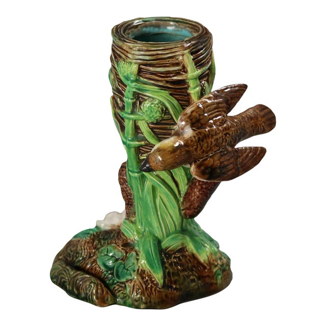 George Jones Majolica Bird on Nest Card Holder Vase For Sale