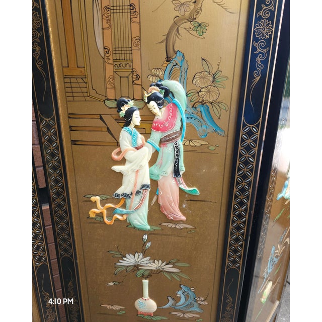 Wood Asian Colored Stone Mounted, Lacquered and Decorated 4-Panel Floor Screen For Sale - Image 7 of 8