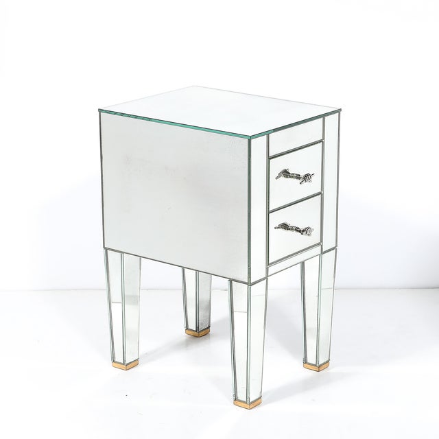 Modernist End Table/Nightstand in Antique Mirror W/ Sculptural Hand Pulls For Sale - Image 14 of 17