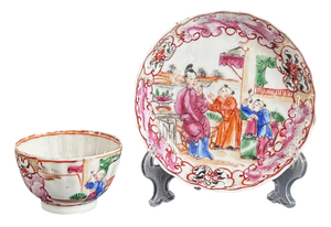 Antique Chinese Canton Famille Rose Porcelain Tea Bowl and Saucer, 18th Century, Set of 2