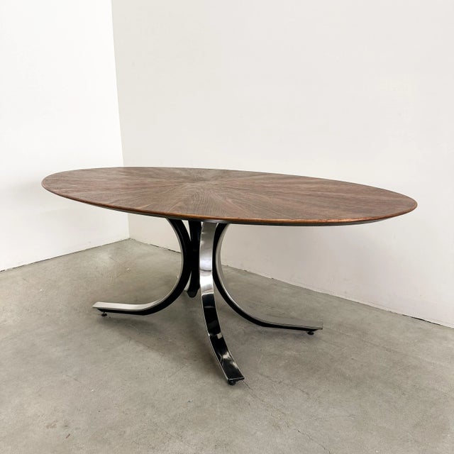 Vintage 70s Osvaldo Borsani Oval Dining Table Walnut Starburst Top & Chrome Base For Sale - Image 10 of 10