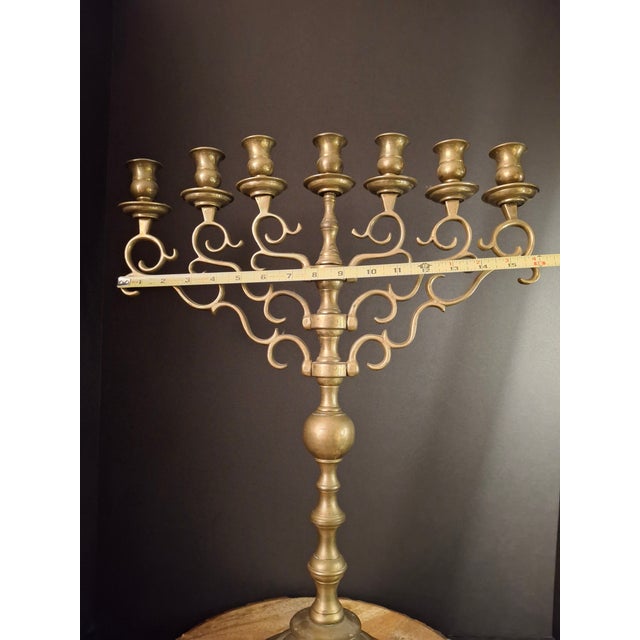 Large Antique 19th C. Eastern European Brass 7-Branch Temple Menorah 21.5" For Sale - Image 4 of 17
