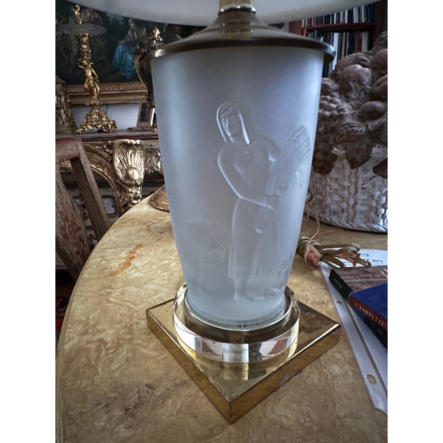 Metal An American Art Deco Frosted Glass and Brass "Four Seasons" Table Lamp. For Sale - Image 7 of 8