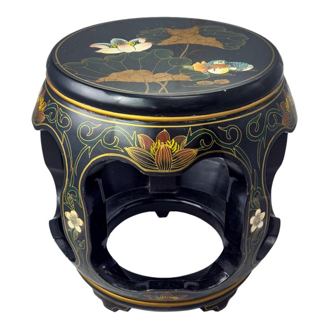 Late 20th Century Chinoiserie Chinese Garden Stool or Small Side Table Black Lacquer W/Asian Details For Sale