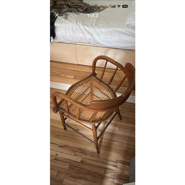 American Vintage Oak Spindle Barrel Chair With Hand Caned Seat For Sale - Image 3 of 5