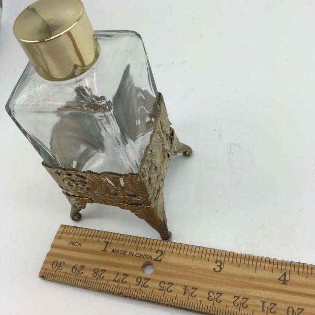 Hollywood Regency Vanity Set Vintage 1950s Ormolu Filigree Gold Gilt Vanity Set Perfume Bottles, Oval Mirrored Tray and Lipstick Holders - 3 Piece Set For Sale In Houston - Image 6 of 9