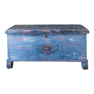 Rustic Blue Painted Cedar Blanket Chest Trunk With Empire C Curved Feet For Sale