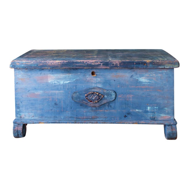 Rustic Blue Painted Cedar Blanket Chest Trunk With Empire C Curved Feet For Sale
