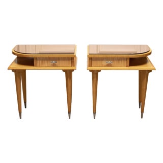 French Art Deco Nightstands with Brown Mirrored Glass Tops in Birch, 1940s, Set of 2 For Sale