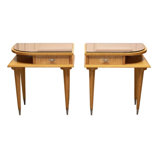 French Art Deco Nightstands with Brown Mirrored Glass Tops in Birch, 1940s, Set of 2 For Sale