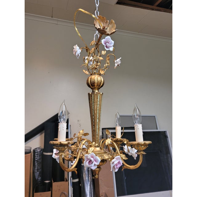 Italian Gilt Wood & Porcelain Roses Chandelier For Sale - Image 4 of 9