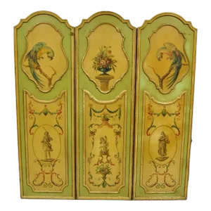 Antique French Louis XV Green Painted Parrot 3 Panel Venetian Room Screen