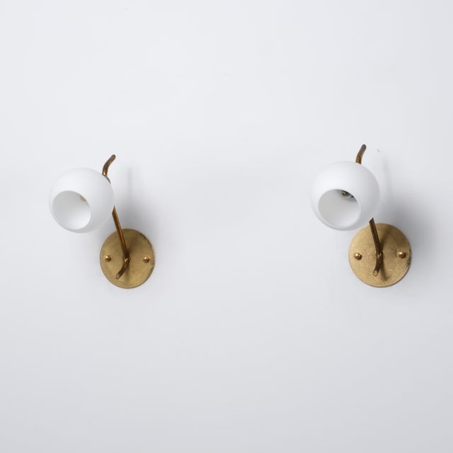 Italian Sculptural Brass Wall Sconces with Opaline Globe Shades, 1950s, Set of 3 For Sale - Image 6 of 12
