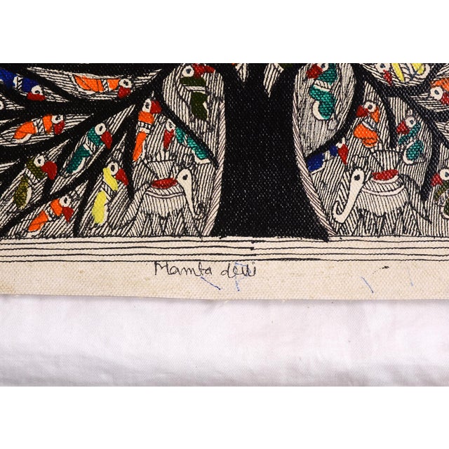 Folk Art Mamta Devi, 2016 National Award-Winning Artist – Hand-Painted Madhubani Folk Painting on Canvas, Tree of Life, Colorful Birds & Intricate Mandala For Sale - Image 3 of 4