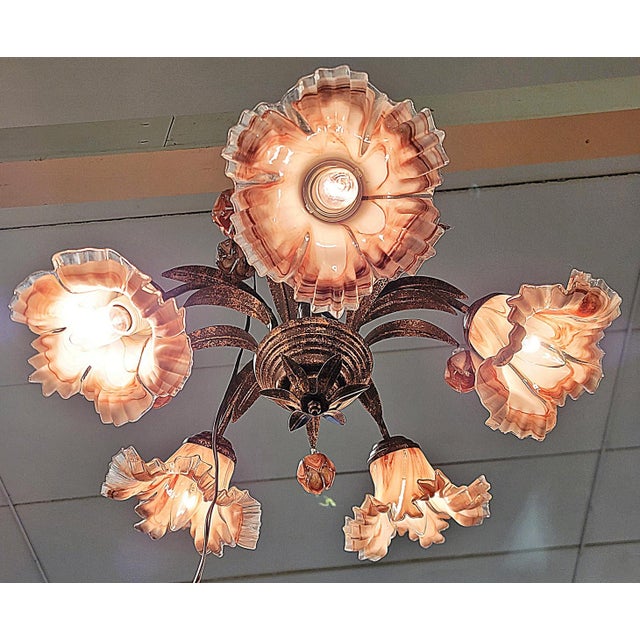 1980s Venetian Italian Metal and Blown Glass Floral Chandelier For Sale - Image 5 of 15