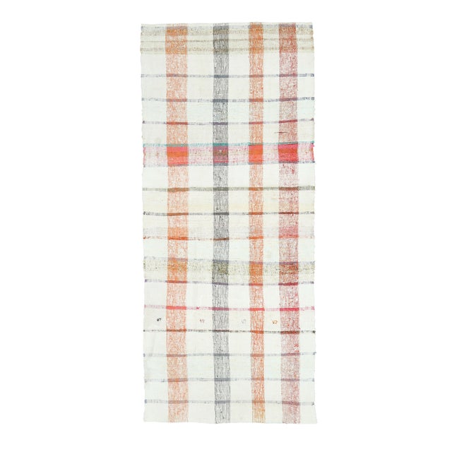 Vintage Turkish Hand-Knotted Wool Cotton White Kilim Runner Rug For Sale - Image 10 of 10