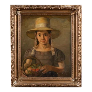 Early 20th Century Original Oil on Canvas Portrait of Young Girl in Bonnet, Denmark