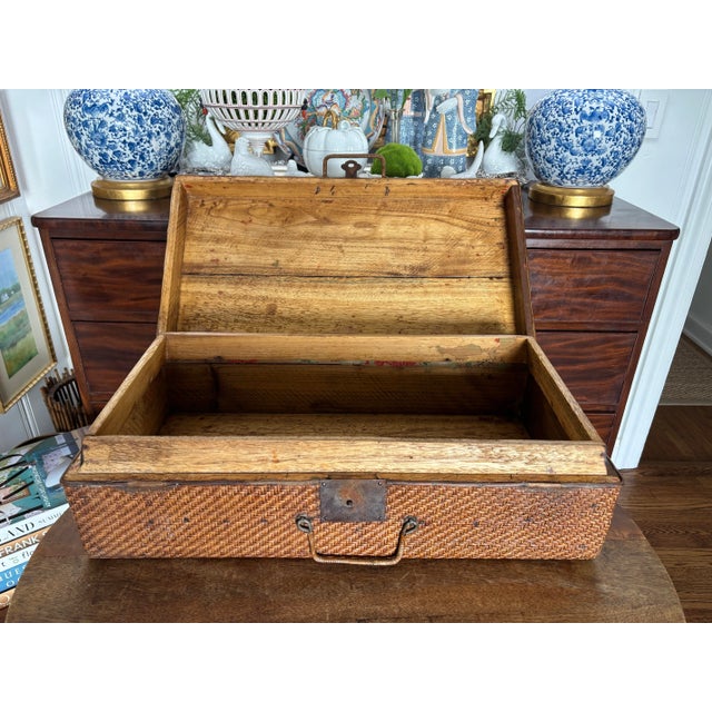 Vintage Mid Twentieth Century Woven Rattan Bamboo Decorative Stacking Suitcase With Brass Fittings For Sale - Image 6 of 11
