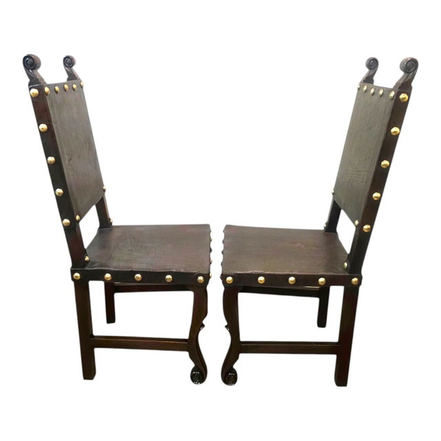 1960s Set of 6 Authentic Hand-Carved Peruvian Leather Dining Chairs With Sol De Oro Coin Details For Sale - Image 5 of 6