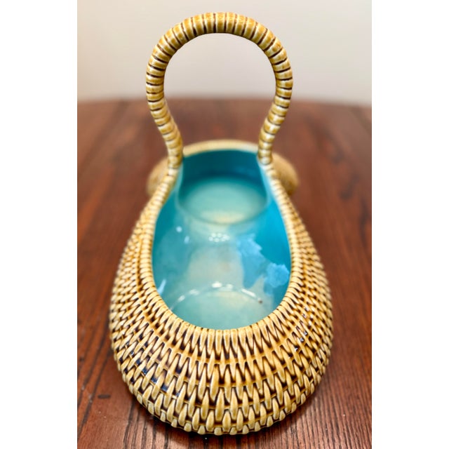 Sarreguemines French Majolica Ceramic Trompe L’oeil Basket With Faux Bamboo Wicker Detailing and Blue Interior For Sale - Image 11 of 12