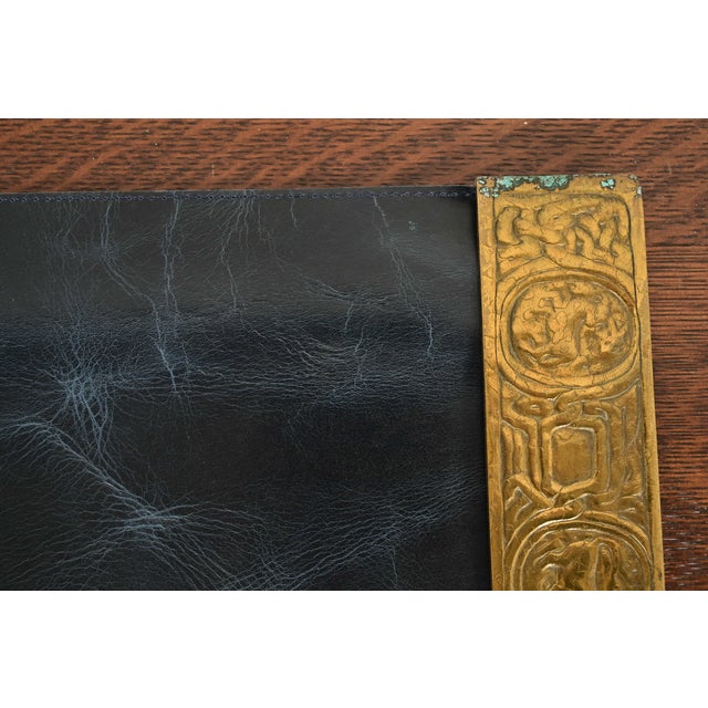 Early 20th Century Tiffany Studios New York Zodiac Bronze Doré Blotter Ends With Leather Desk Blotter For Sale - Image 5 of 11
