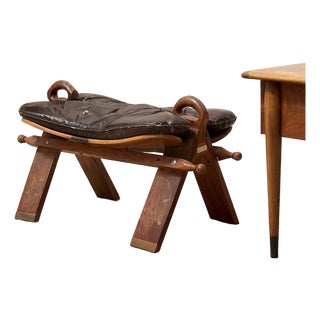 Vintage Leather Saddle Stool With Tufted Seat and Sculptural Wood Frame as Found For Sale