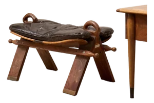 Vintage Leather Saddle Stool With Tufted Seat and Sculptural Wood Frame as Found