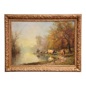 19th C. French Oil Painting With Herd in Carved Frame Signed Théodore Levigne