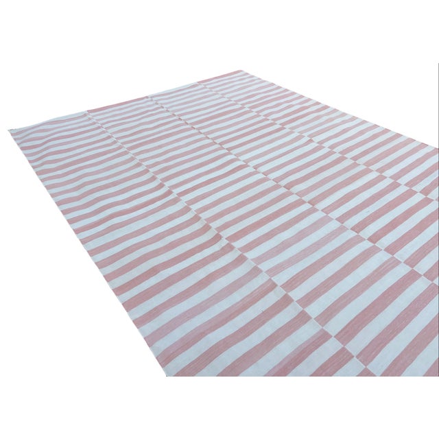 Light Pink Handwoven Cotton Area Rug, Vegetable Dyed, Pink and Cream Striped Dhurrie - 6'x9' For Sale - Image 8 of 10