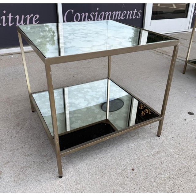 Metal Pair of Attributed Ethan Allen Two-Tier Mirrored Side Tables For Sale - Image 7 of 15