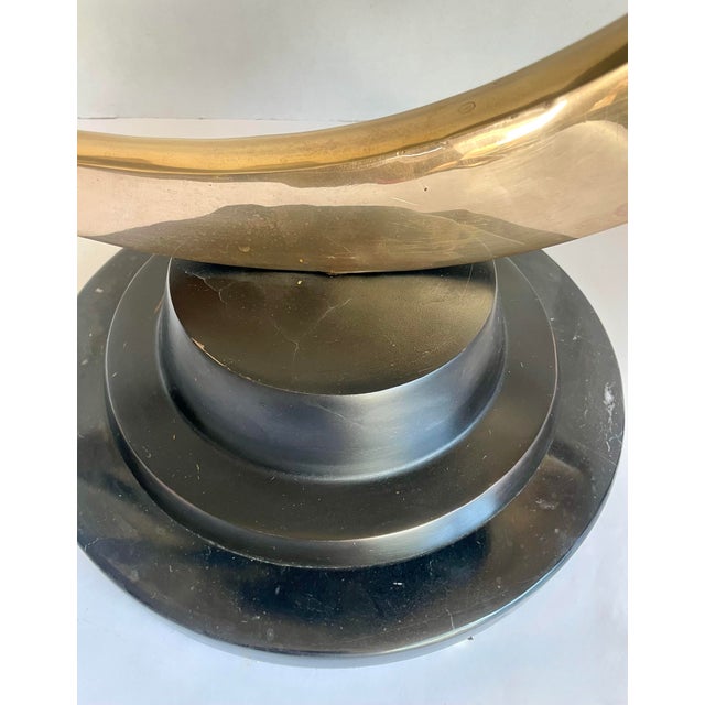 Art Deco Bronze Nude Figure Suspended in Brass Crescent Moon Sculpture on Marble Base For Sale - Image 11 of 12