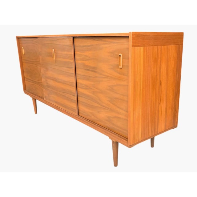 Danish Modern Scandinavian Walnut Credenza – Sliding Doors, Recessed Pulls, Restored For Sale - Image 12 of 14