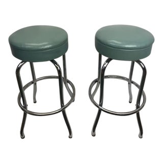 1950s Vintage Royal Manufacturing Co. Chrome Light Blue Vinyl Vintage Retro Barstools - a Pair For Sale