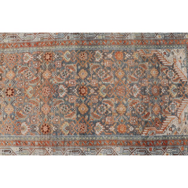 Antique Persian Malayer Runner With Allover Motif's in Soft Blue Field 3'4 X17'0 For Sale - Image 10 of 12