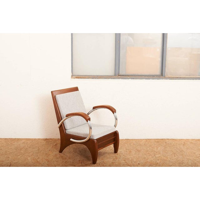 Upholstered Armchair in Wood, Plywood, Chrome-Plated Tubular Steel with Volz Cushion For Sale - Image 10 of 11