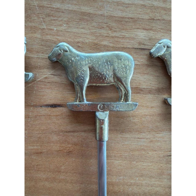 Metal Vintage Mid-Century Brass Farm Animal Finial BBQ Shish Kebab Skewers Set of 8 For Sale - Image 7 of 7