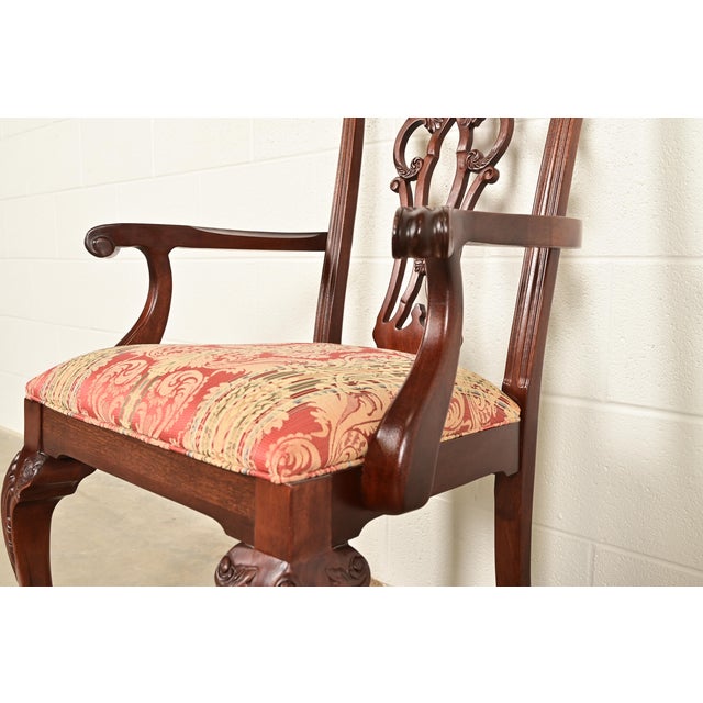 Wood Ethan Allen Chippendale Carved Mahogany Armchairs or Dining Captain Chairs, Pair For Sale - Image 7 of 14