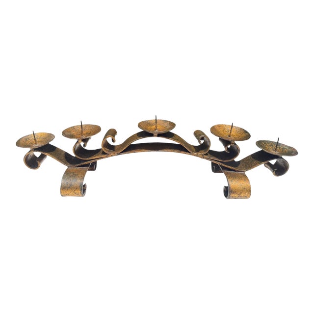 Vintage Mexican Hand-Forged Iron Five-Light Candelabra With Crackle Gilt Finish For Sale