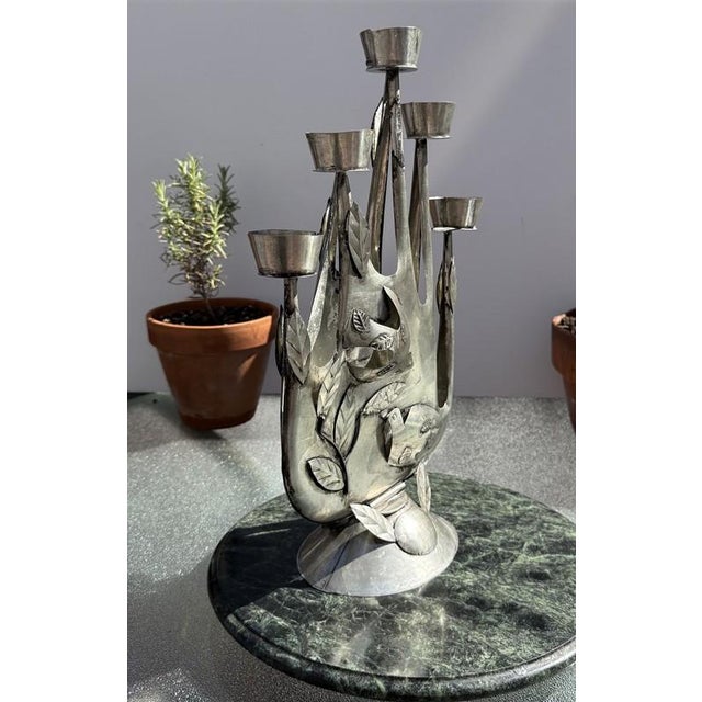 Gray Gene Byron Attrib MCM Brutalist Folk Art Mexican Tin Modernist Candelabra Sculpture, Birds For Sale - Image 8 of 10