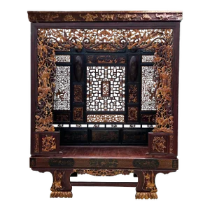 Vintage Chinese Brown Golden Carving Fujian Graphic Canopy Bed