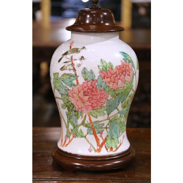 Pair of Mid 20th Century Chinese Famille Rose Porcelain Lamps With Birds, Flowers and Calligraphy For Sale - Image 12 of 14