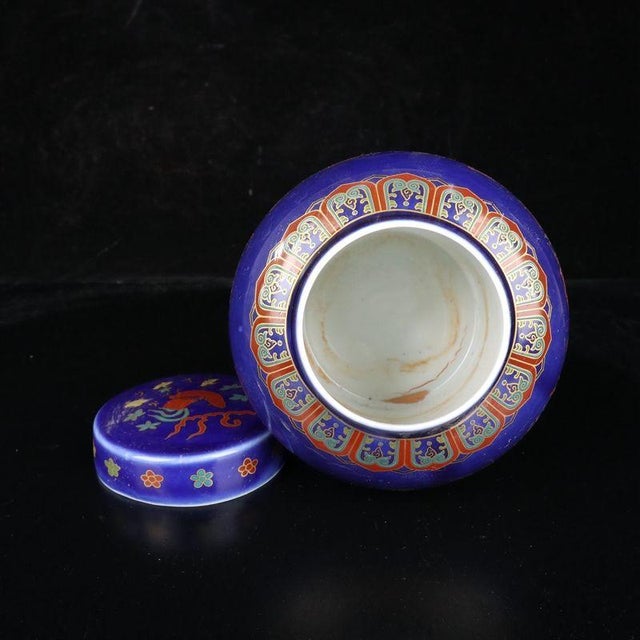 Blue Ground Doucai Rooster Family Porcelain Ginger Jar, Chinoiserie Lidded Canister For Sale - Image 4 of 9