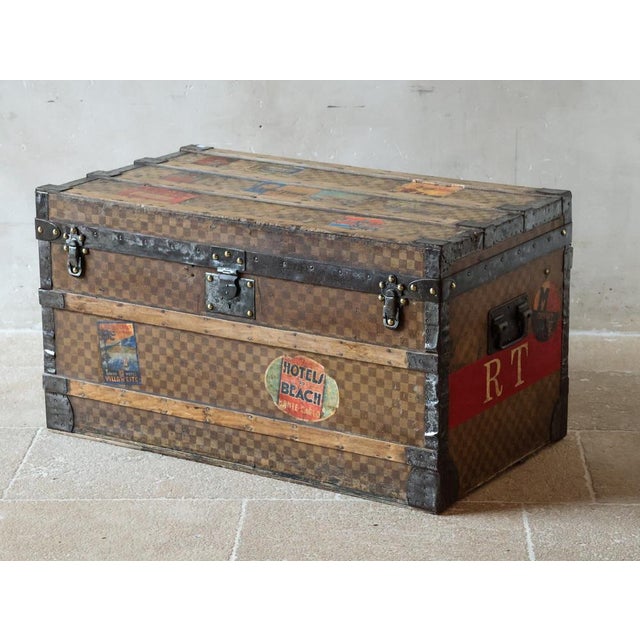 Metal Antique Damier Steamer Trunk with Hotel Labels and Initials from Louis Vuitton, 1890s For Sale - Image 7 of 15