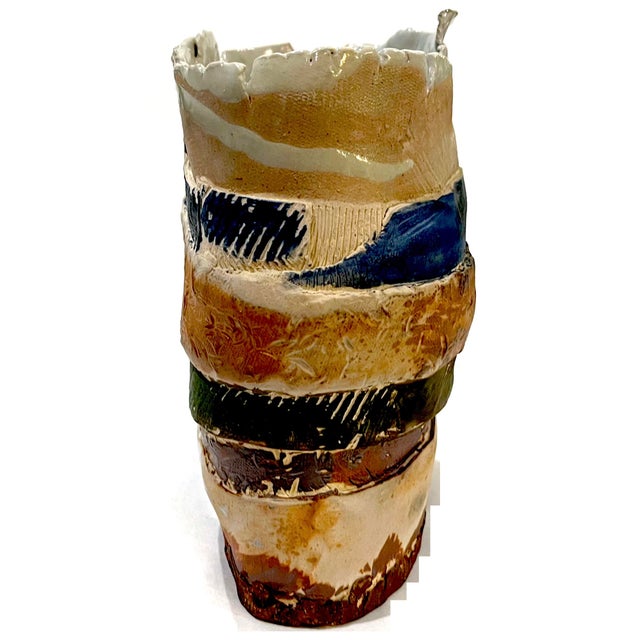 1970s 1970's Brutalist Art Pottery Striped Slab Oval Vase For Sale - Image 5 of 9