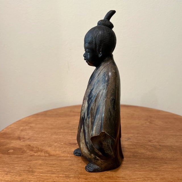 Vintage Japanese Bronze Sculpture of Young Monk Artist Signed Stamp Original For Sale - Image 4 of 13