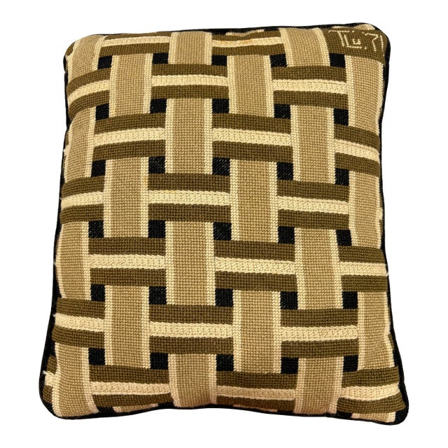 Vintage Handmade & Signed Bargello Basketweave Wool & Velvet Pillow For Sale