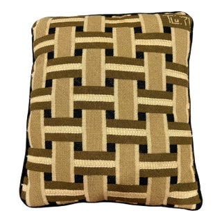 Vintage Handmade & Signed Bargello Needlepoint Basketweave Wool & Velvet Pillow for Mid Century Modern, Boho Chic or Cottagecore Decor For Sale
